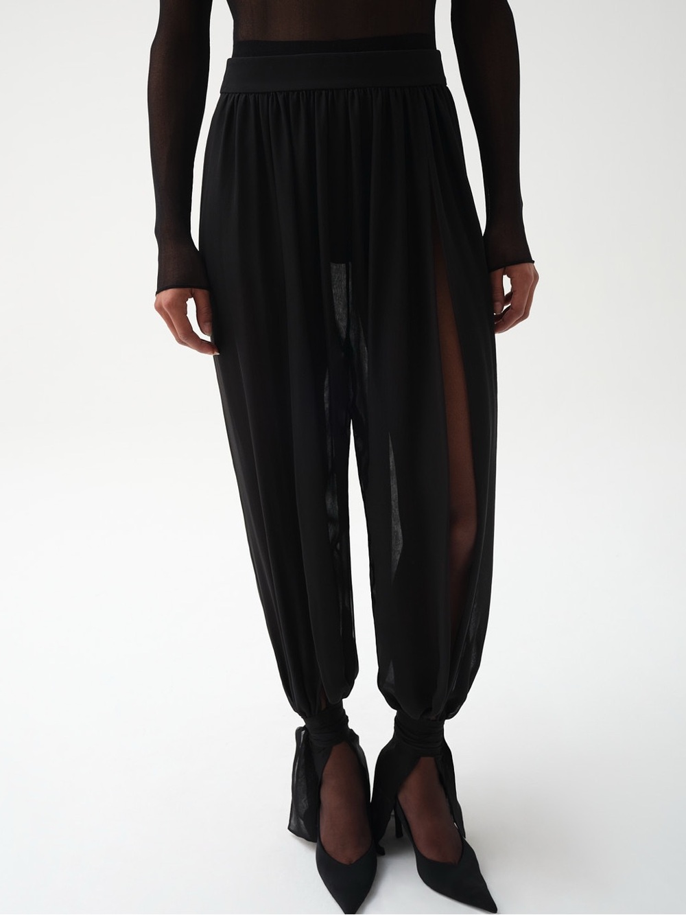 Sheer Black Elastic-Waist Harem Joggers